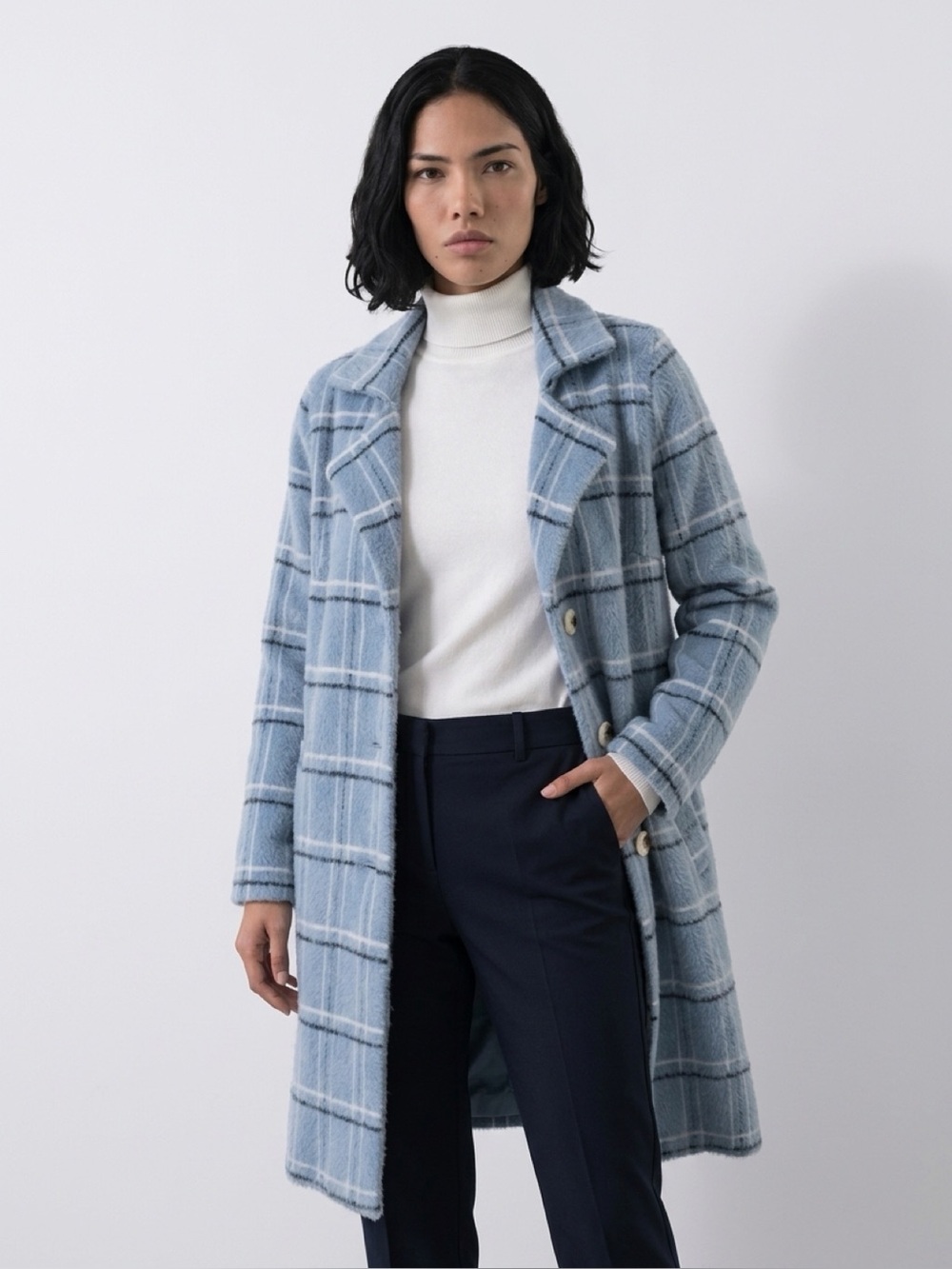 Light Blue Plaid Longline Coat Button Front Wool Look Jacket